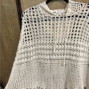 Ecru Crochet Hoodie Poncho by Colza Size M with Fringe